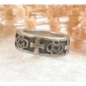 Celtic Cross Carved Artisan Made 925 Sterling Silver Vintage Ring - sz 9.75